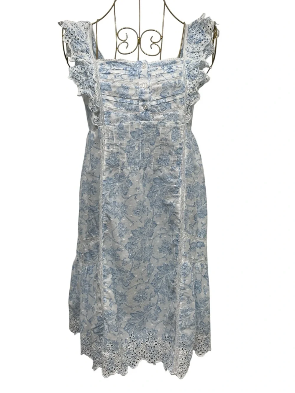 Rachel Ashwell floral toile eyelet cotton mini dress ruffled square neckline S